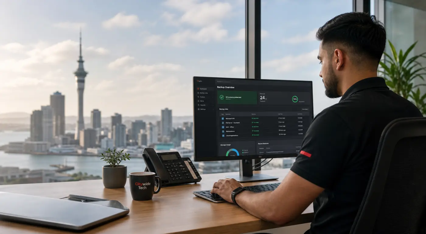 Citywide Tech technician reviewing backup status for an Auckland business
