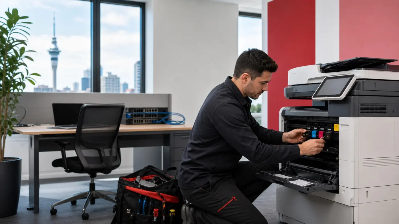 Citywide Tech technician servicing an Auckland business printer