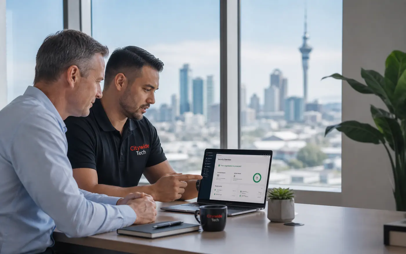 Citywide Tech technician reviewing cybersecurity support with an Auckland business customer