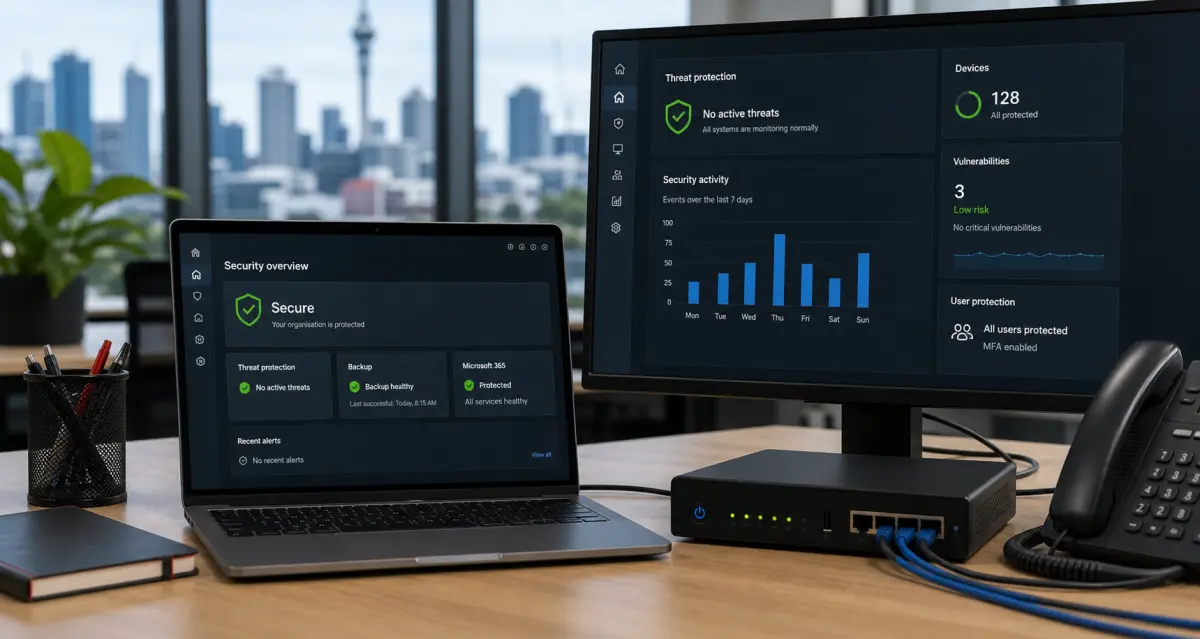 Windows devices showing a secure business cybersecurity and backup dashboard