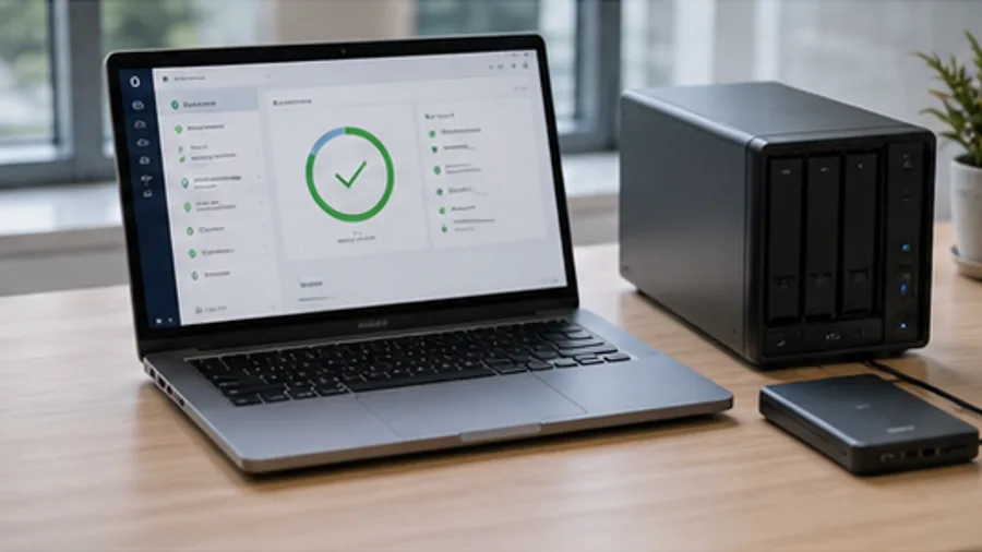 Business laptop showing backup status beside office storage hardware