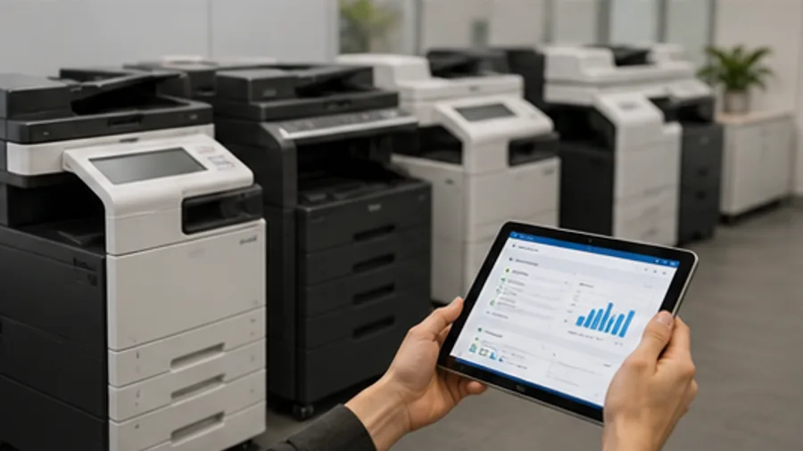 Office printer fleet with a tablet showing print management information