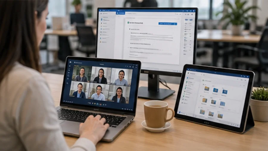 Business email, video meeting and document collaboration screens for Microsoft 365 support