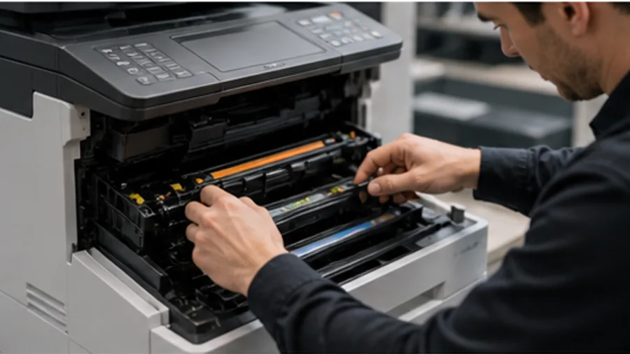 Technician hands servicing the inside of a multifunction office printer