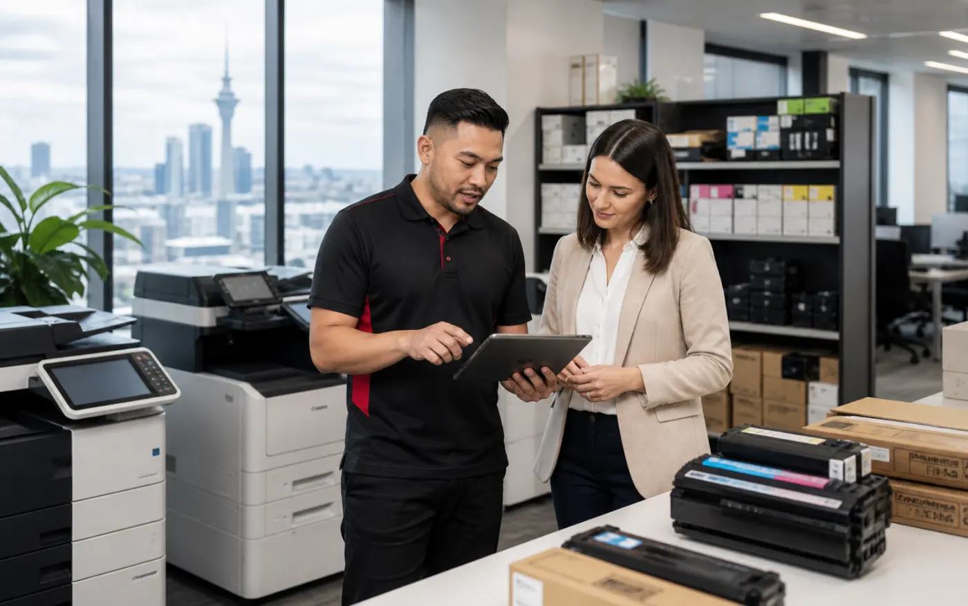 Citywide Tech technician reviewing printers and toner supply with an Auckland business customer