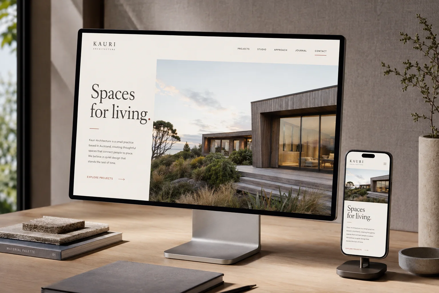 Illustrative architecture website displayed on a desktop monitor and smartphone